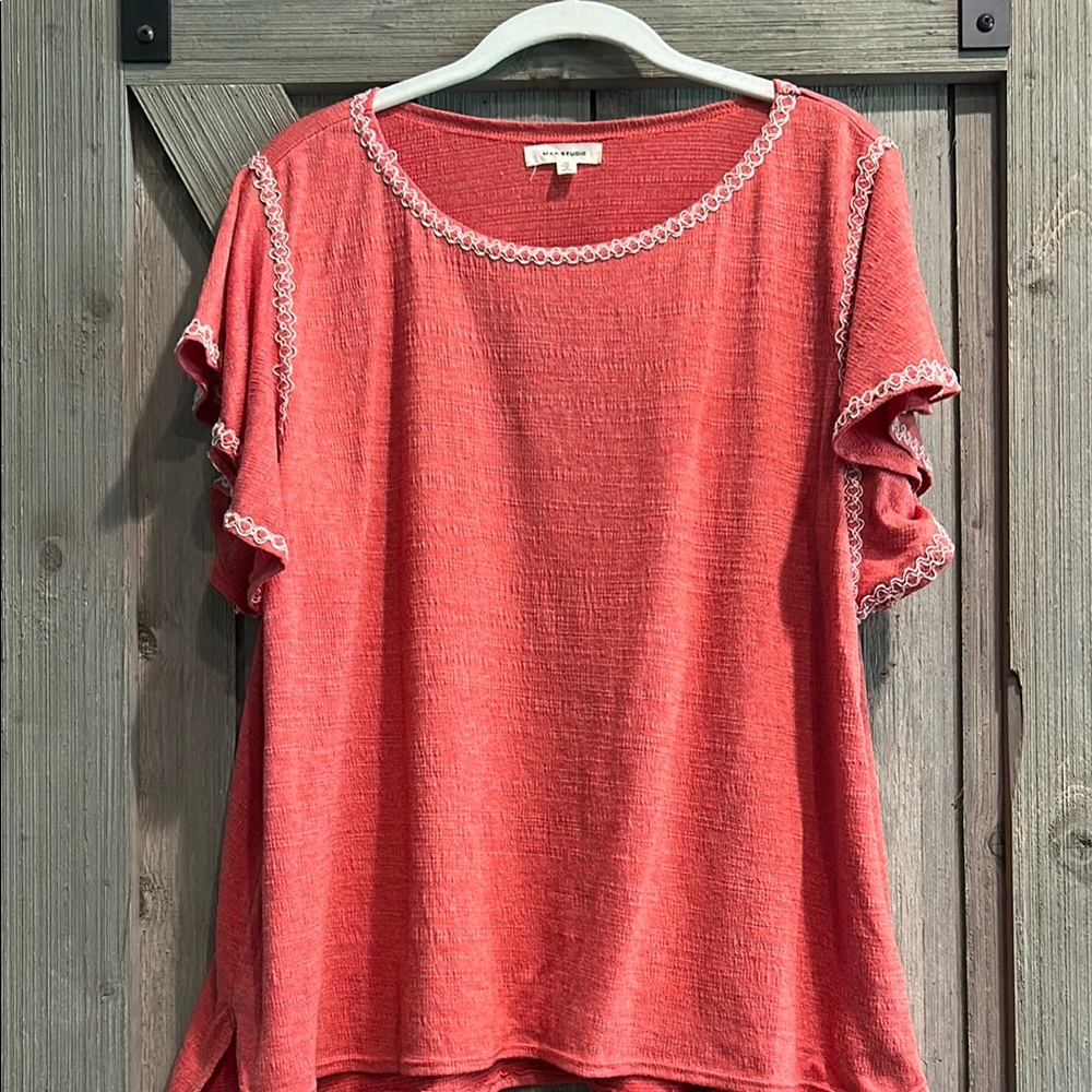Max Studio Coral Lace Like Trim Tee
